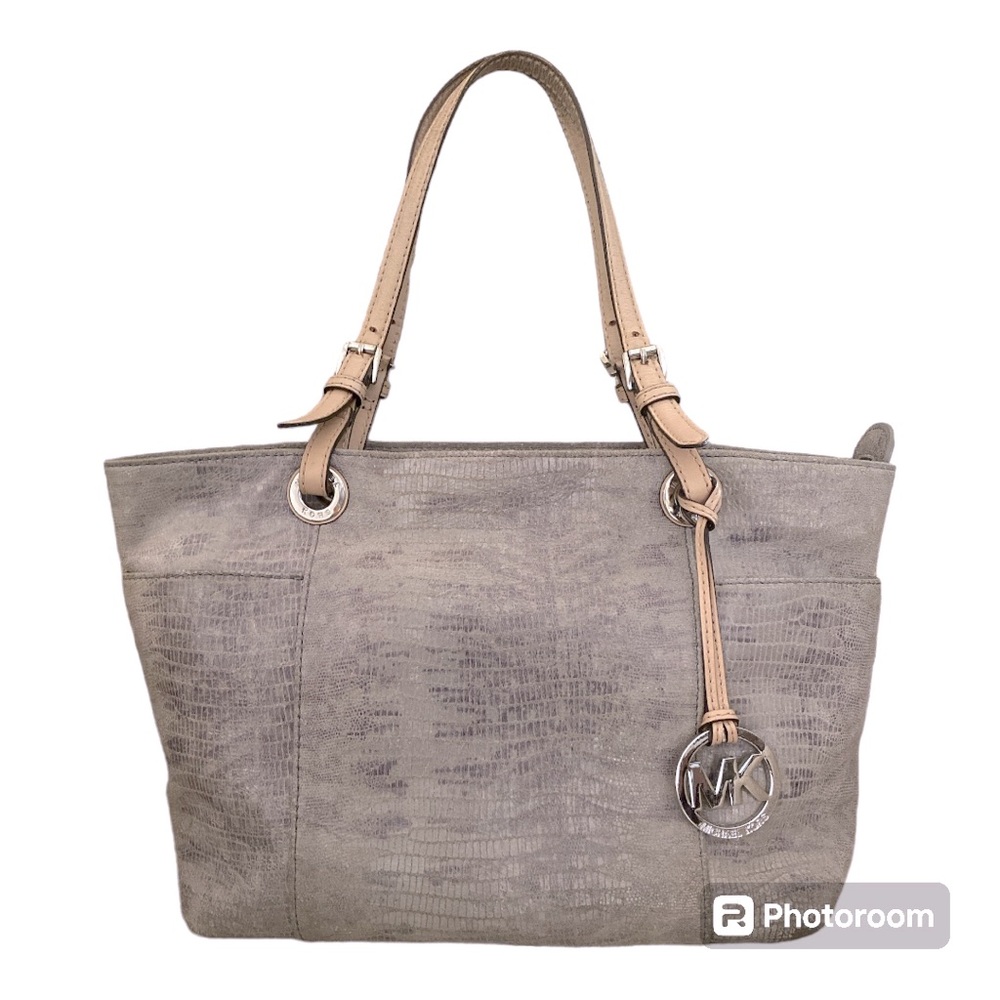 Michael Kors Grey and White Print Textured Leather Shoulder Bag